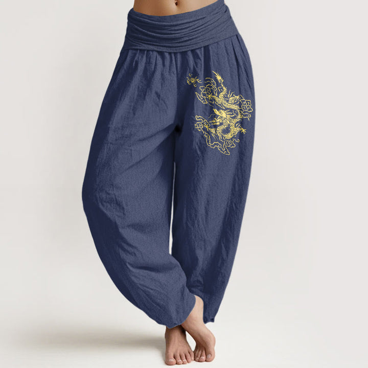 Buddha Stones Golden Dragon Print Pattern Women's Elastic Waist Harem Cotton Pants - DarkSlateBlue - US22，UK/AU26，EU54 (6XL) - image 5