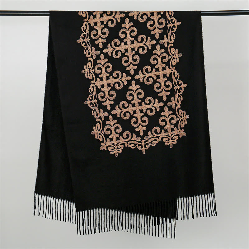 Buddha Stones Winter Black Diamond-shaped Golden Flowers Pattern Tassel Cozy Scarf Shawl - image 2