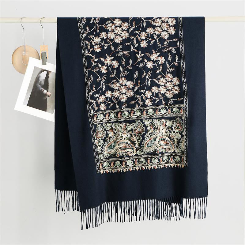 Buddha Stones Winter Brown-beige Small Flower Vine Cashew Flower Pattern Tassel Cozy Scarf Shawl - SteelBlue - 182*71cm - image 0