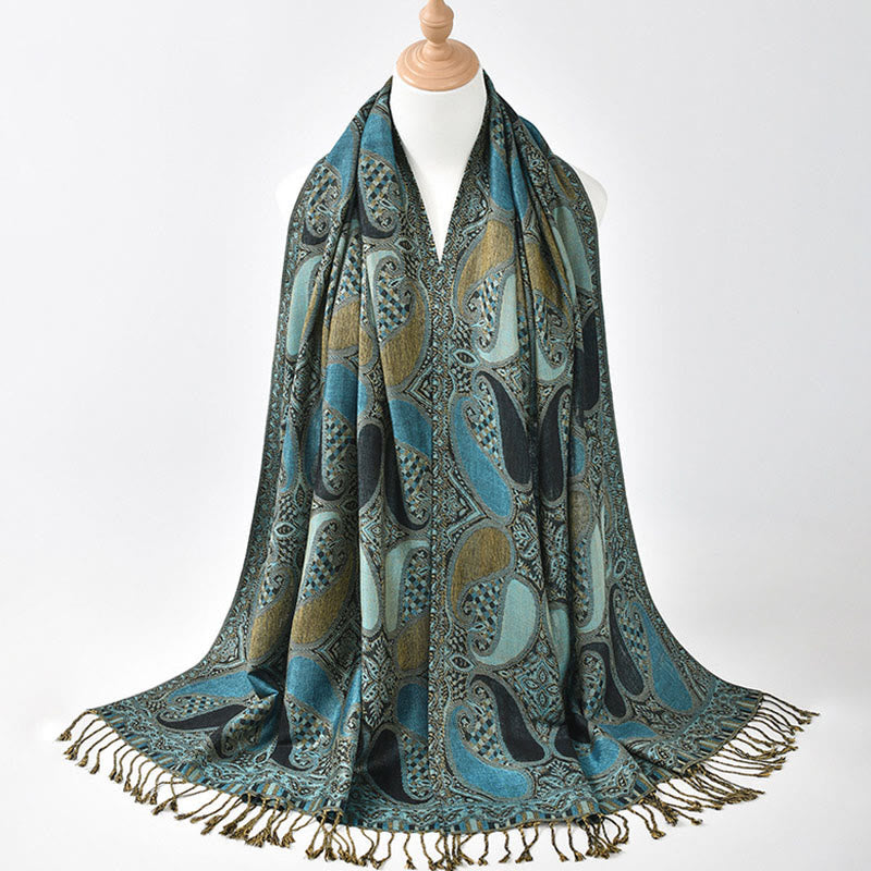 Buddha Stones Fall Cashew Flower Geometry Pattern Tassel Cozy Scarf Shawl - CadetBlue - 175*70CM - image 2