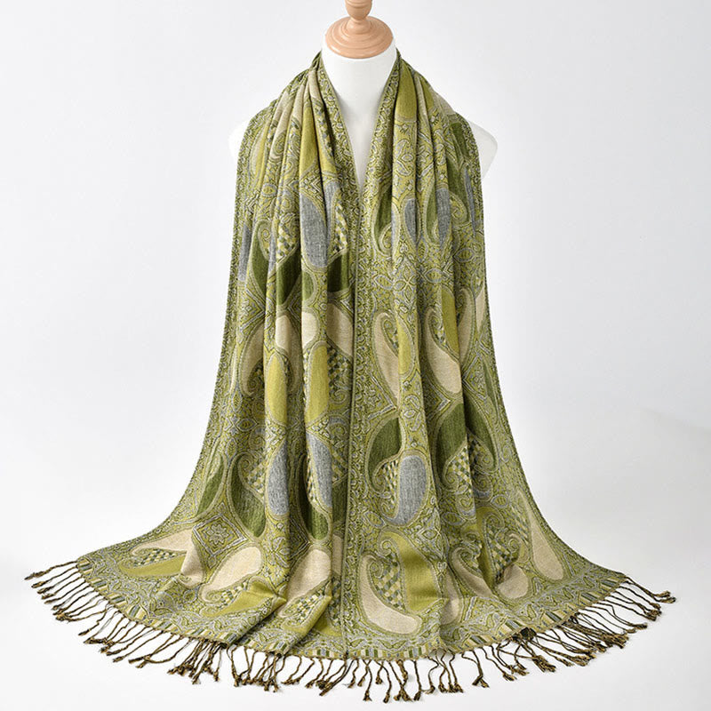 Buddha Stones Fall Cashew Flower Geometry Pattern Tassel Cozy Scarf Shawl - YellowGreen - 175*70CM - image 0