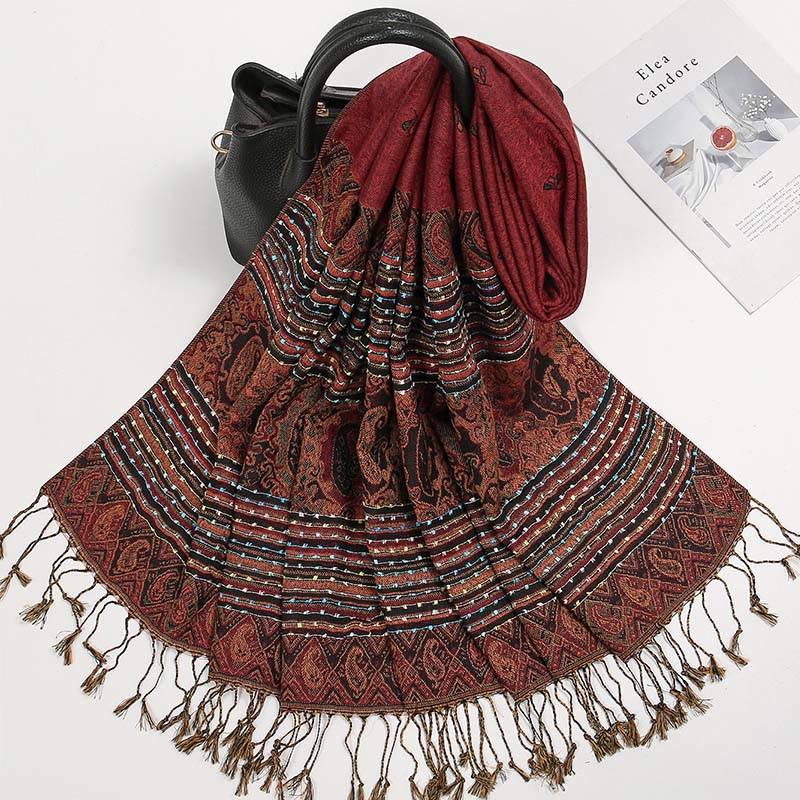 Buddha Stones Spring Cashew Flower Stripe Geometric Pattern Tassel Soft Scarf Shawl - image 1