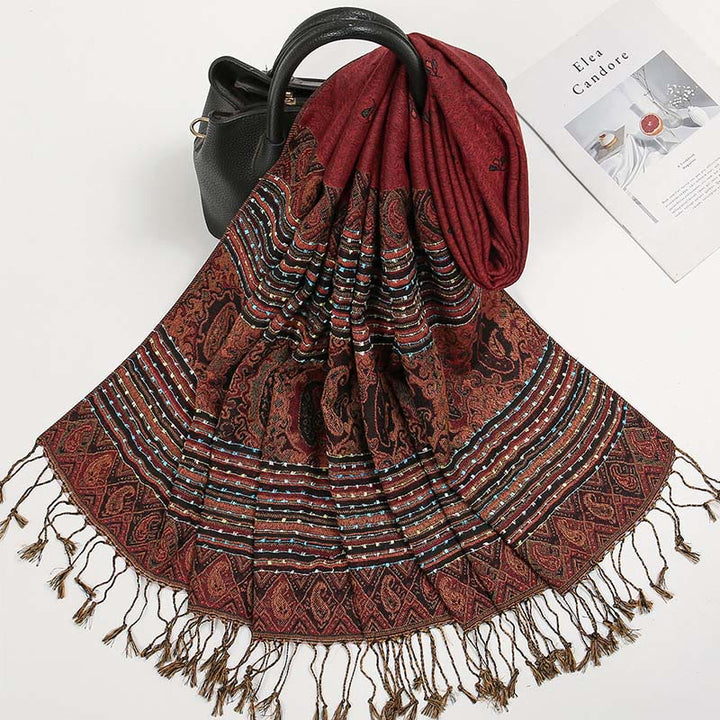 Buddha Stones Spring Cashew Flower Stripe Geometric Pattern Tassel Soft Scarf Shawl - image 1