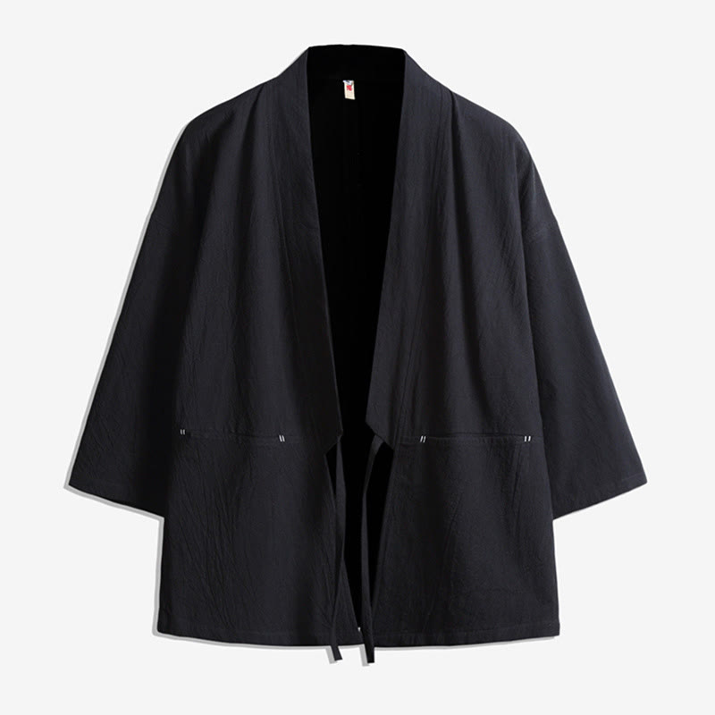 Buddha Stones Solid Color Lace-up Three Quarter Sleeve Open Front Jacket Men's Kimono - Black - US/UK/AU48，EU58(5XL) - image 2