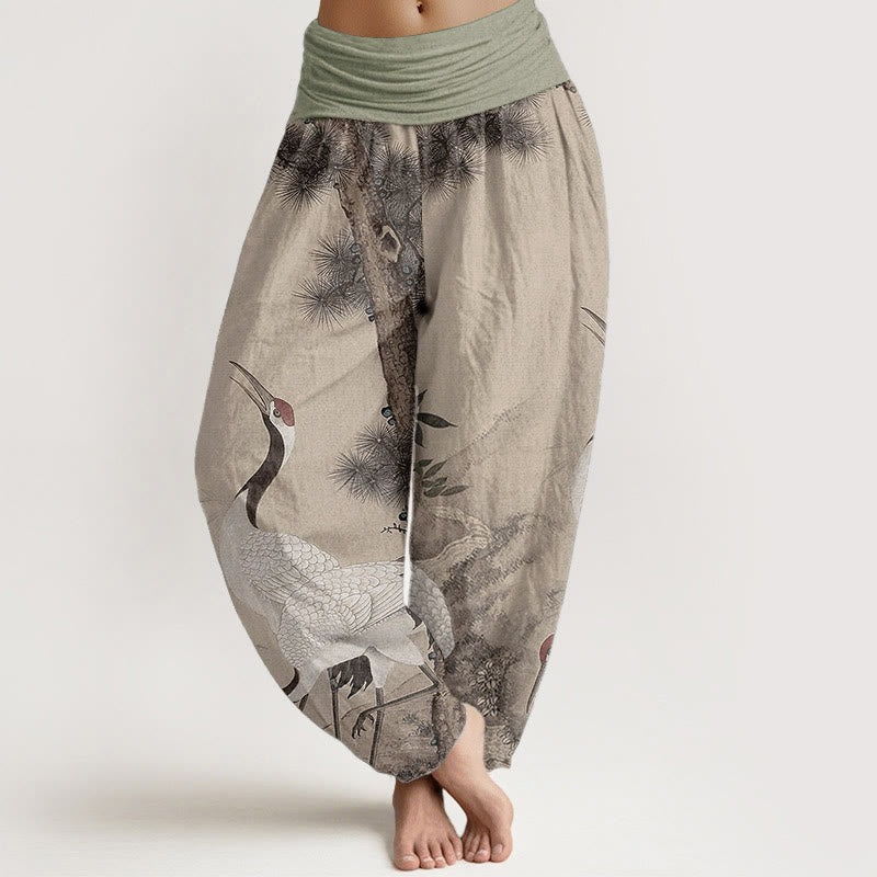 Buddha Stones Pure Cotton Casual Red-crowned Crane Pine Tree Mountain Women's Elastic Waist Harem Pants - image 0