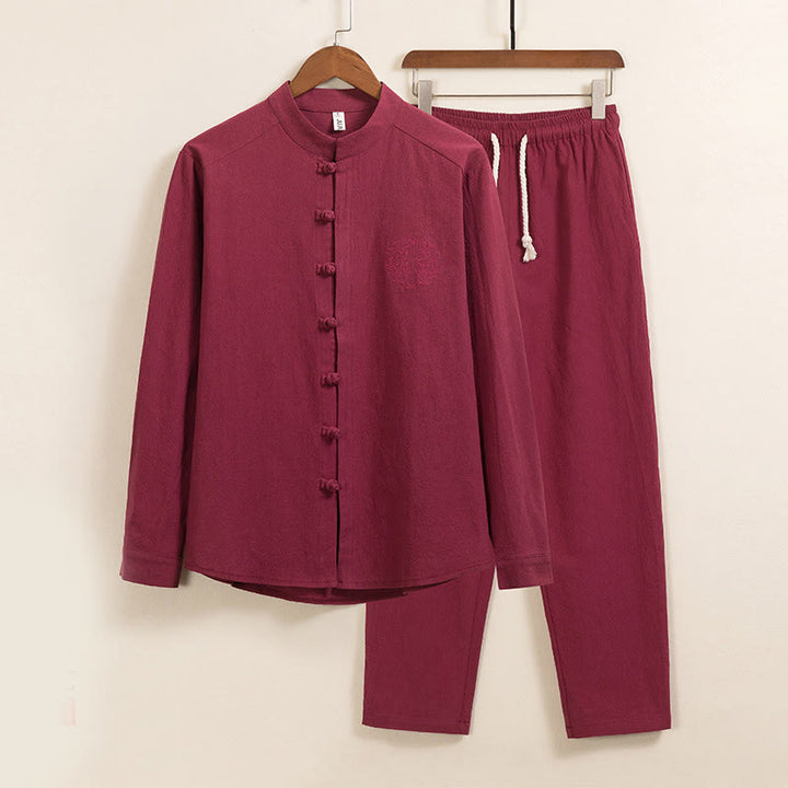 Buddha Stones 2Pcs Plain Men's Frog-Button Long Sleeve Cotton Shirt Pants Set With Pockets - FireBrick - US/UK/AU46，EU56 (5XL) - image 2