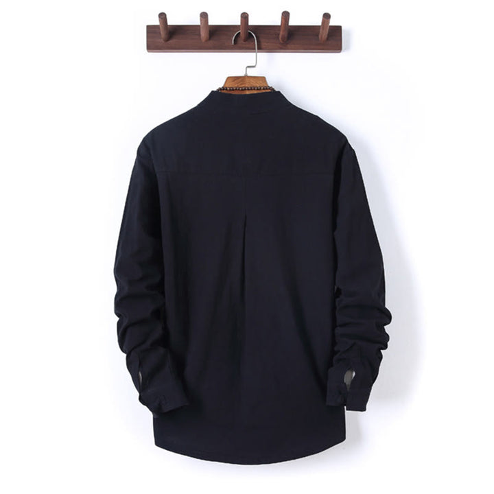 Buddha Stones 2Pcs Solid Color Men's Frog-Button Long Sleeve Cotton Shirt Pants Set With Pockets - image 2