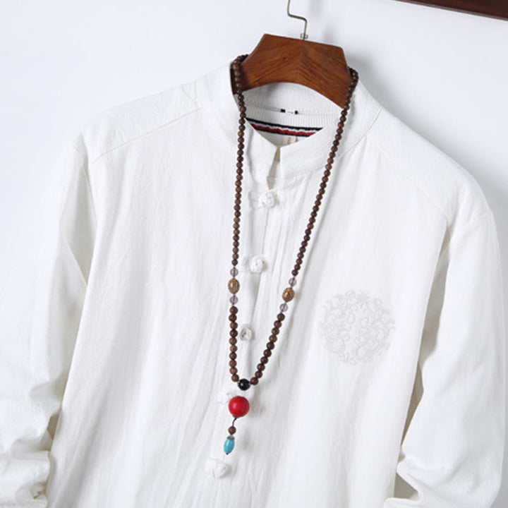 Buddha Stones 2Pcs Solid Color Men's Frog-Button Long Sleeve Cotton Shirt Pants Set With Pockets - image 13