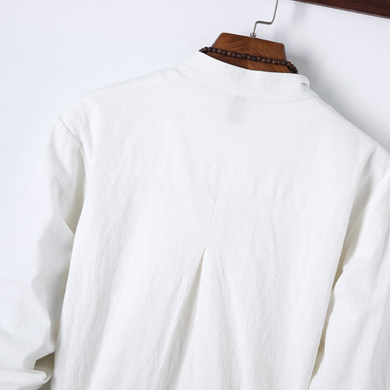 Buddha Stones 2Pcs Solid Color Men's Frog-Button Long Sleeve Cotton Shirt Pants Set With Pockets - image 14
