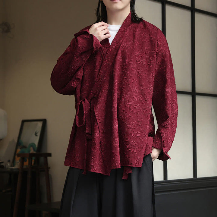 Buddha Stones Spring V-Neck Floral Men's Lace-up Design Long Sleeve Shirt - Maroon - US/UK/AU50，EU60 (5XL) - image 8