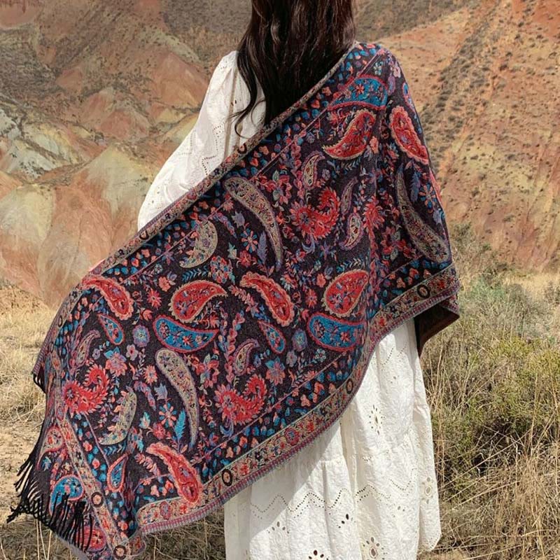 Buddha Stones Ethnic Embroidered Paisley Flowers Pattern Tassel Soft Scarf Shawl - Black - image 0