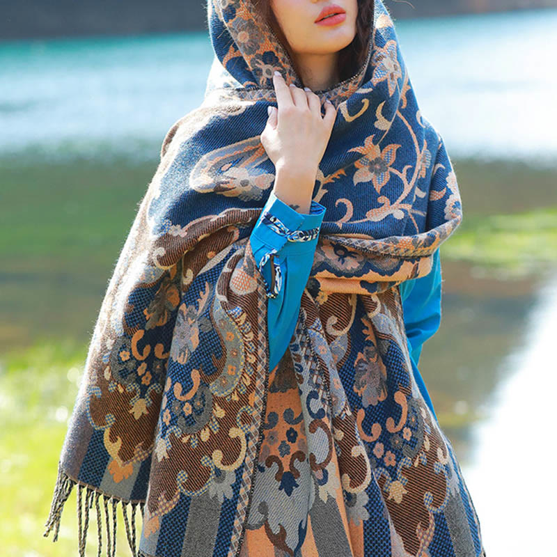 Buddha Stones Jacquard Ethnic Paisley Plants Pattern Tassel Soft Thermal Scarf Shawl - SteelBlue Vines Floral - 70-190cm - image 7