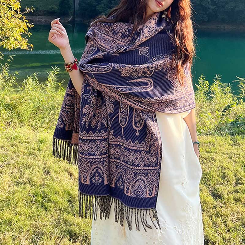 Buddha Stones Jacquard Ethnic Paisley Plants Pattern Tassel Soft Thermal Scarf Shawl - Indigo Paisley - 70-190cm - image 10