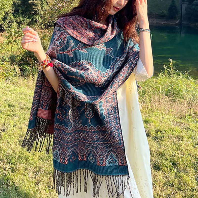Buddha Stones Jacquard Ethnic Paisley Plants Pattern Tassel Soft Thermal Scarf Shawl - image 9
