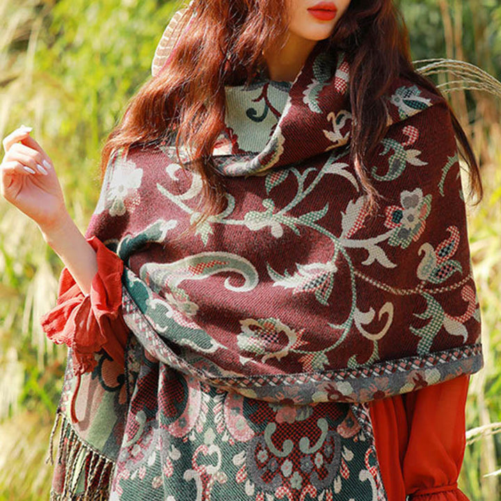 Buddha Stones Jacquard Ethnic Paisley Plants Pattern Tassel Soft Thermal Scarf Shawl - image 6