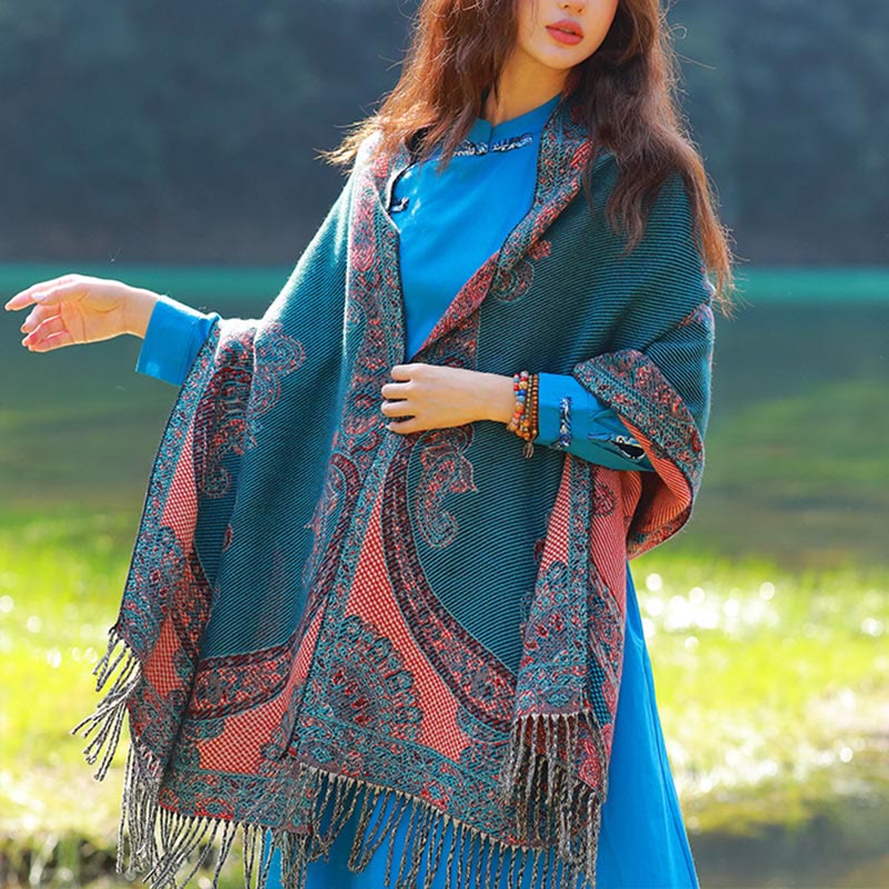 Buddha Stones Jacquard Ethnic Paisley Plants Pattern Tassel Soft Thermal Scarf Shawl - DarkCyan Paisley - 70-190cm - image 43