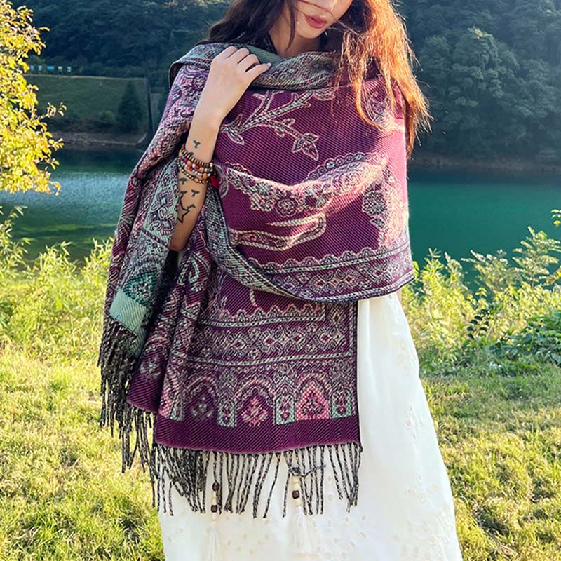 Buddha Stones Jacquard Ethnic Paisley Plants Pattern Tassel Soft Thermal Scarf Shawl - DarkMagenta Paisley Vines - 70-190cm - image 15