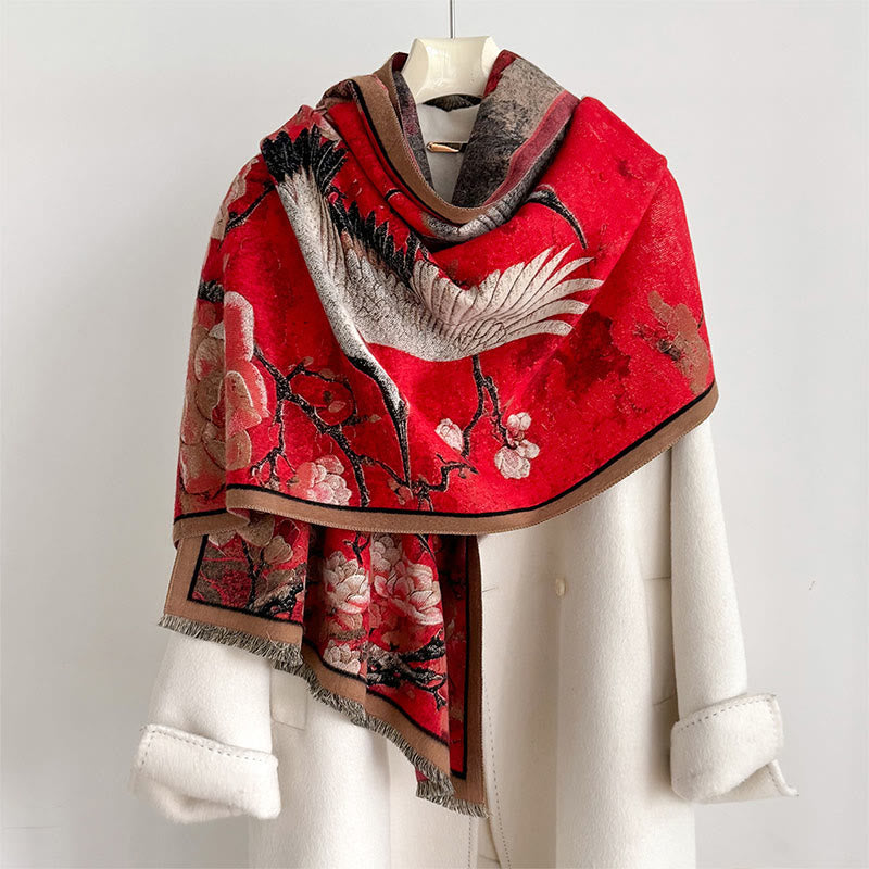 Buddha Stones Fall Crane Lotus Plum Blossom Pattern Tassels Cozy Soft Scarf Shawl - Red - 180*65cm - image 0