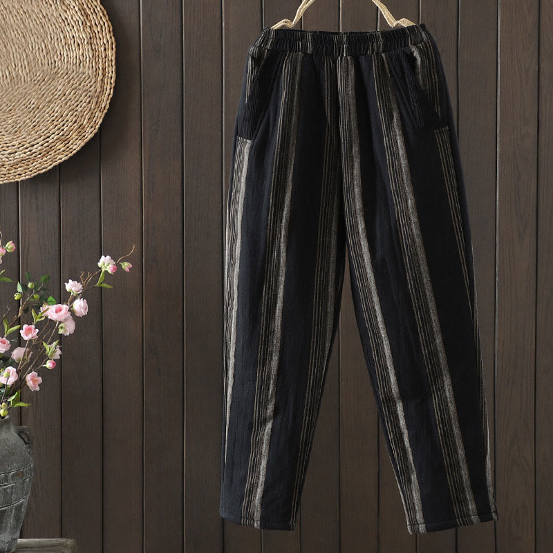 Buddha Stones Commute Thermal Striped Cotton Women's Harem Pants With Pockets - Black - US8-10，UK/AU12-14，EU40-42 (2XL) - image 9