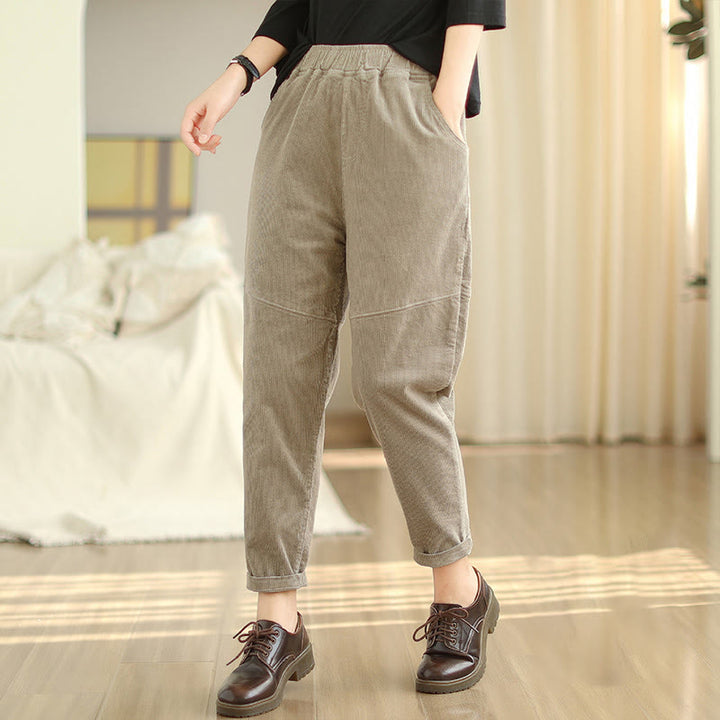 Buddha Stones Plain Tapered Cotton Corduroy Women's Harem Thermal Fleece-Lined Pants With Pockets - Tan - US12，UK/AU16，EU44 (3XL) - image 18