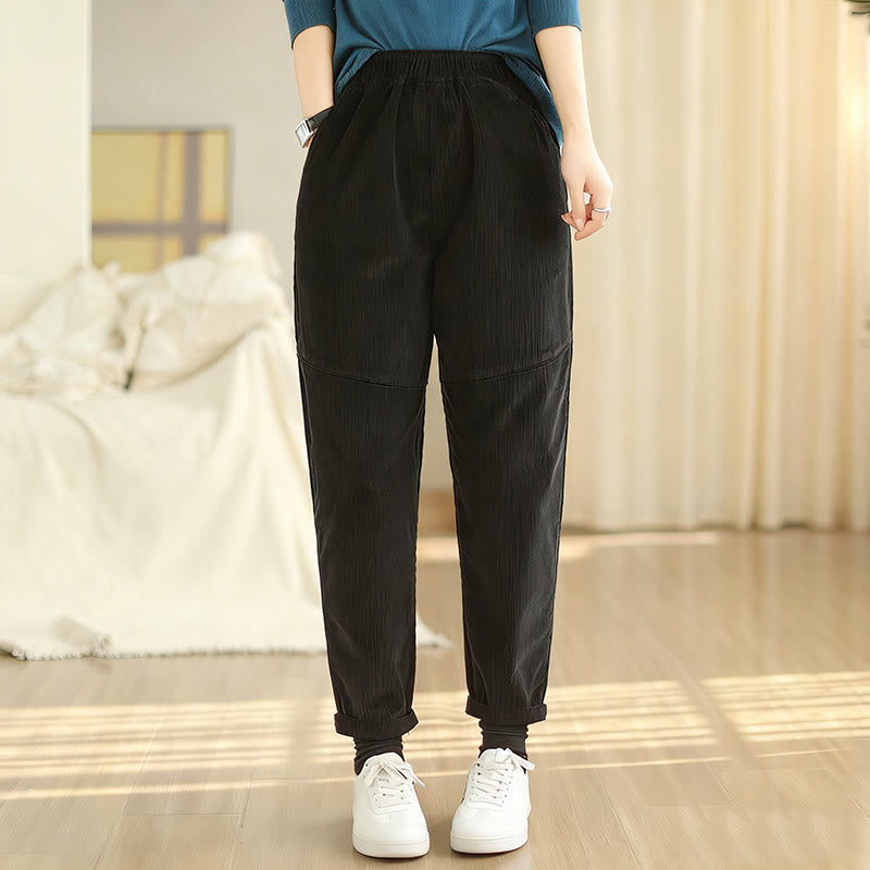 Buddha Stones Plain Tapered Cotton Corduroy Women's Harem Thermal Fleece-Lined Pants With Pockets - image 15