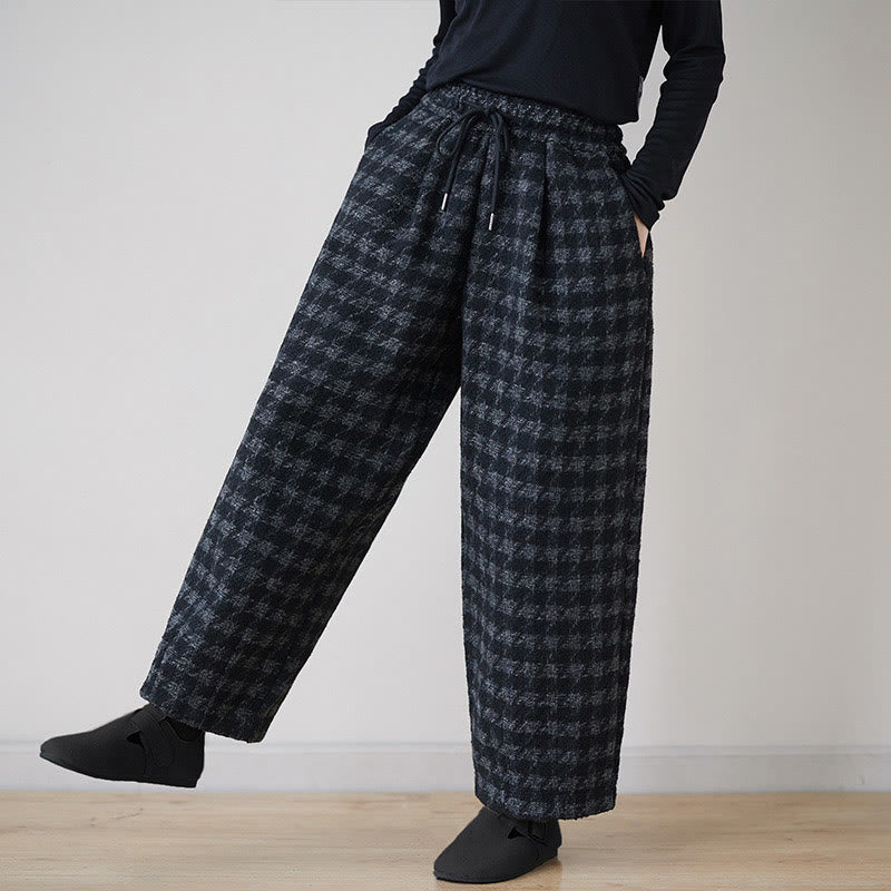 Buddha Stones Women's Winter Black Gray Plaid Pattern Cotton Fleece-Lined Pants With Pockets - image 1