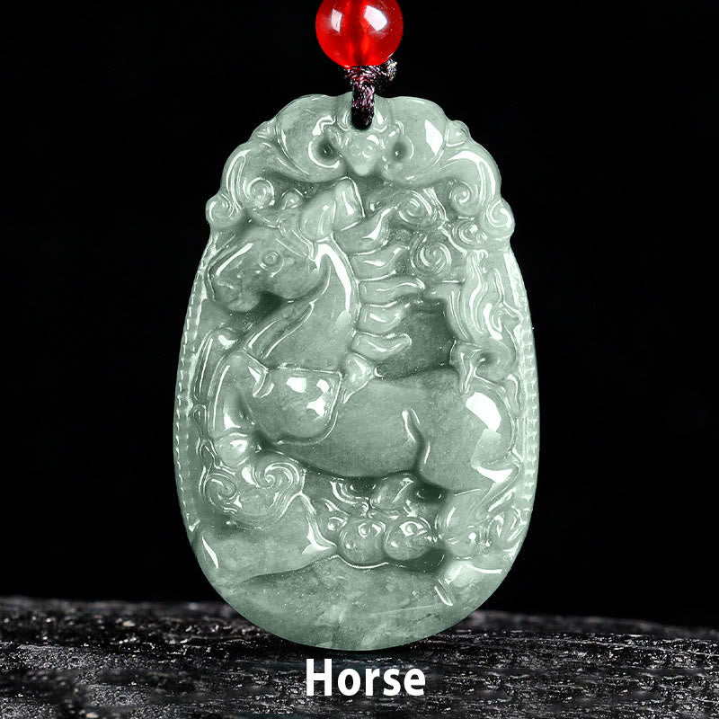 Buddha Stones Chinese Zodiac Jade Year of the Horse Luck Rope Necklace Pendant - image 1