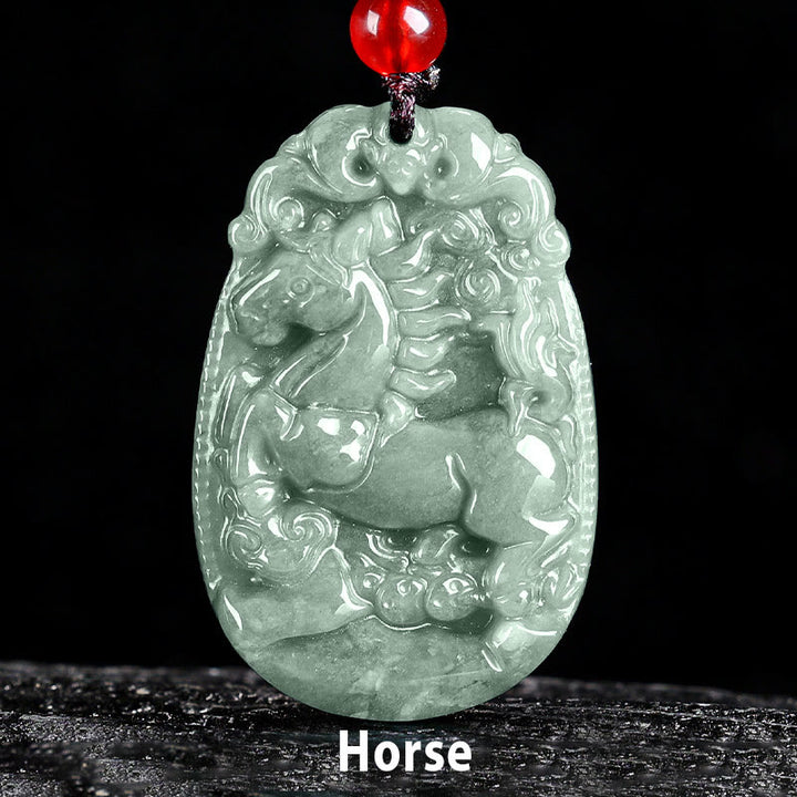 Buddha Stones Chinese Zodiac Jade Year of the Horse Luck Rope Necklace Pendant - image 1