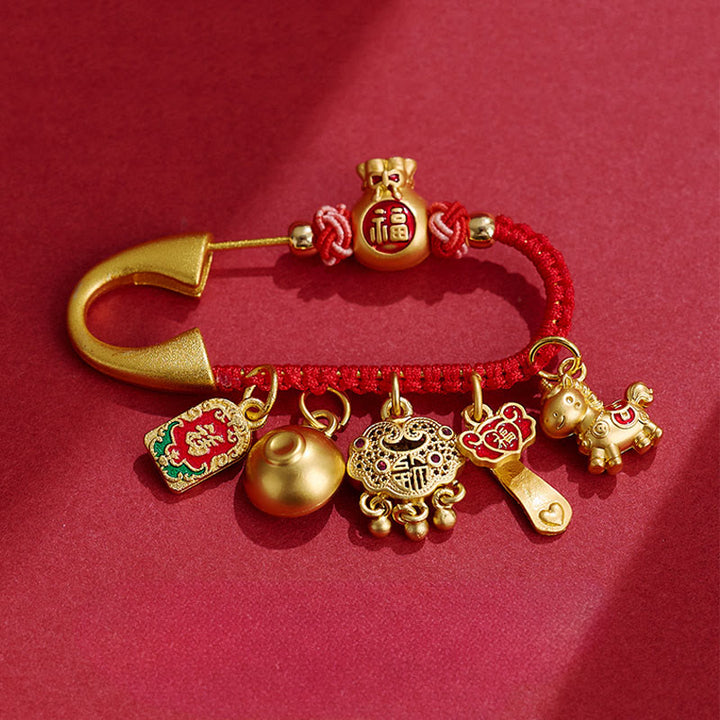 Buddha Stones Year Of The Horse Charm Fu Character Attract Fortune Ruyi Handle Brass Luck Brooch - Horse Peace Fu Character - image 0