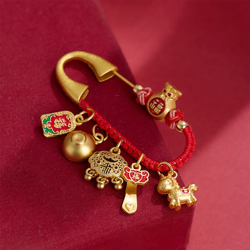 Buddha Stones Year Of The Horse Charm Fu Character Attract Fortune Ruyi Handle Brass Luck Brooch - image 1