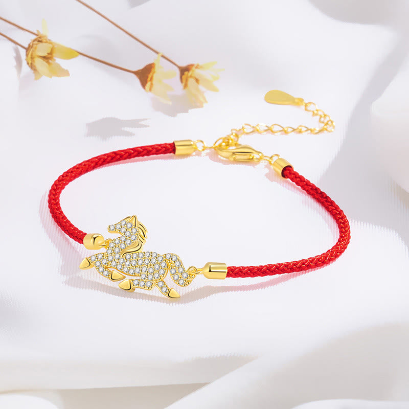 Buddha Stones 925 Sterling Silver Plated 18k Gold Red String Year Of The Horse Strength Bracelet - Horse(Wrist Circumference 14-18cm) - image 0