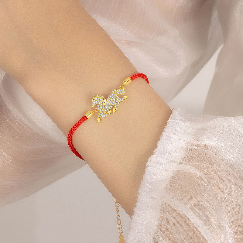 Buddha Stones 925 Sterling Silver Plated 18k Gold Red String Year Of The Horse Strength Bracelet - image 3