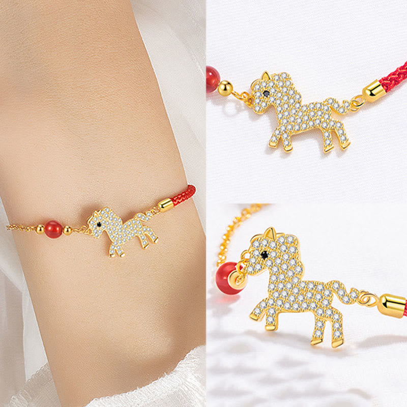 Buddha Stones 925 Sterling Silver Plated 18k Gold Year Of The Horse Red String Strength Bracelet - image 10
