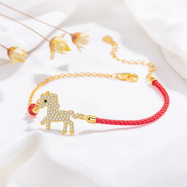 Buddha Stones 925 Sterling Silver Plated 18k Gold Year Of The Horse Red String Strength Bracelet - image 5