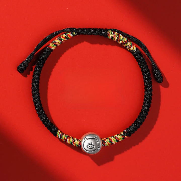 Buddha Stones 999 Sterling Silver Chinese Zodiac Year Of The Horse Red String Strength Braided Bracelet - Pig Black String - image 42