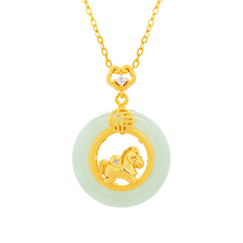 Buddha Stones 925 Sterling Silver Horse Hetian Jade Peace Buckle Fu Character Luck Necklace Pendant - image 5