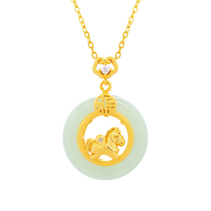 Buddha Stones 925 Sterling Silver Horse Hetian Jade Peace Buckle Fu Character Luck Necklace Pendant - image 5