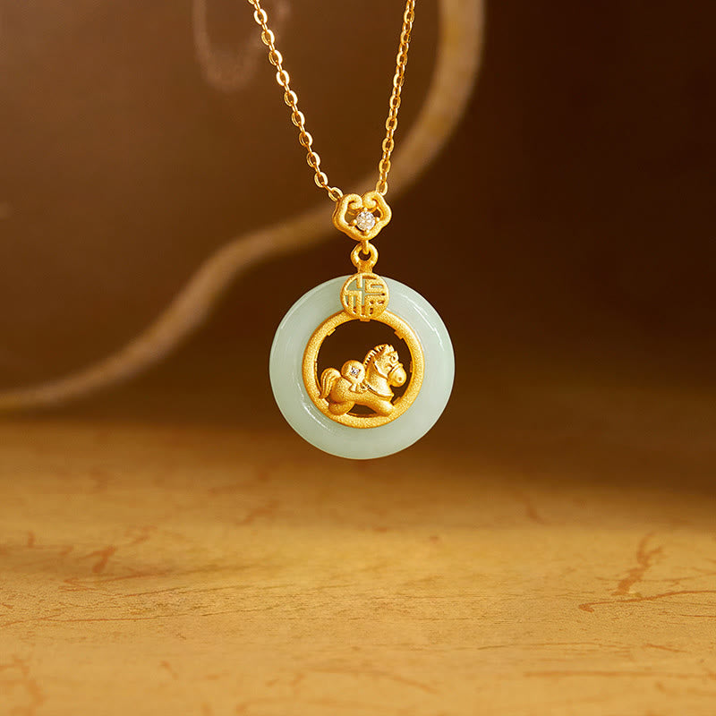 Buddha Stones 925 Sterling Silver Horse Hetian Jade Peace Buckle Fu Character Luck Necklace Pendant - Jade(Prosperity♥Abundance) - image 0