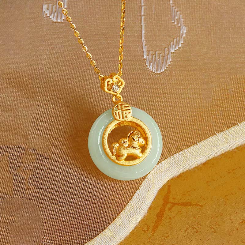 Buddha Stones 925 Sterling Silver Year Of The Horse Hetian Jade Peace Buckle Luck Necklace Pendant - image 3