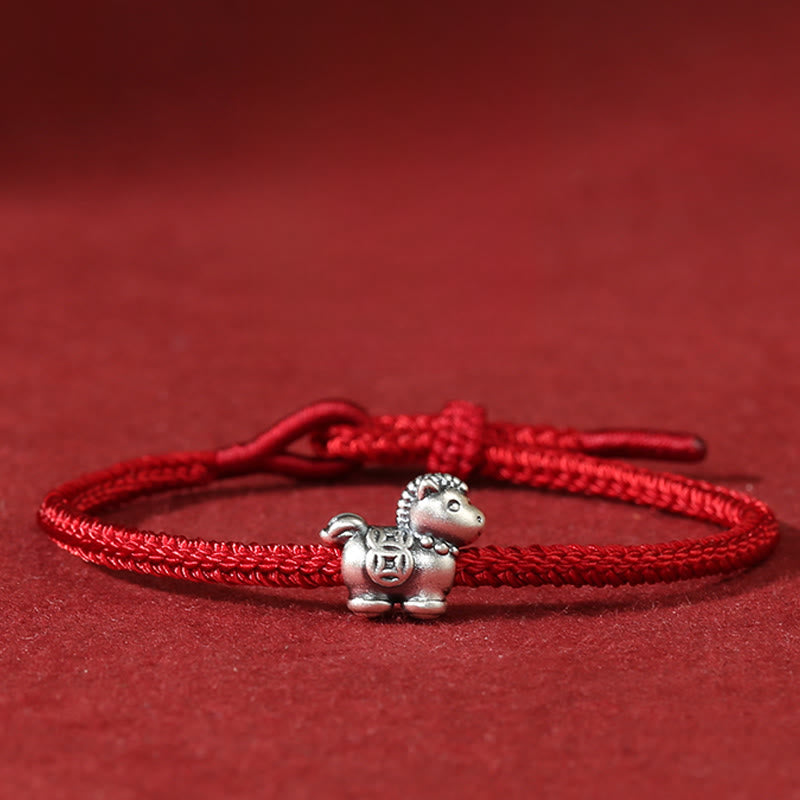 Buddha Stones Year of the Horse 999 Sterling Silver Red String Copper Coins Braided Luck Bracelet - Horse(Wrist Circumference 14-18cm) - image 0