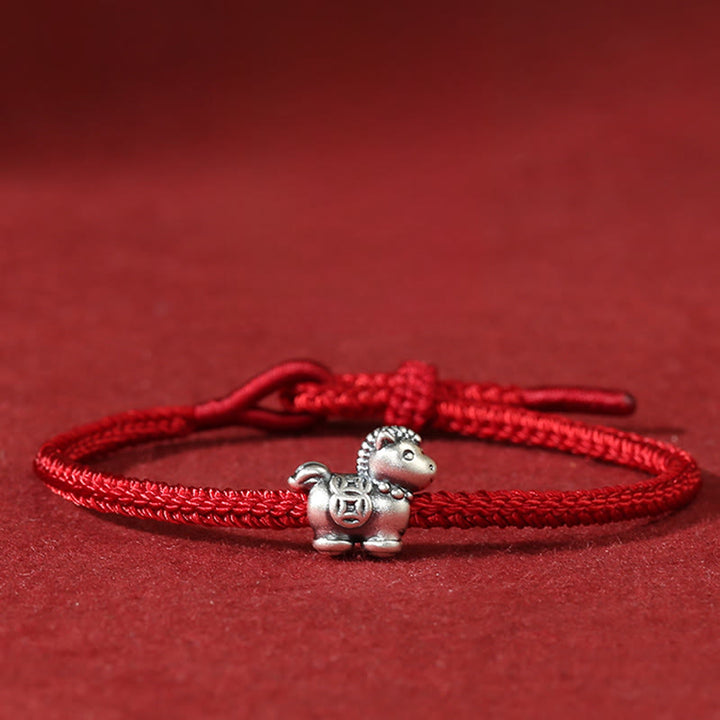 Buddha Stones Year of the Horse 999 Sterling Silver Red String Copper Coins Braided Luck Bracelet - Horse(Wrist Circumference 14-18cm) - image 0