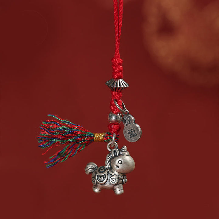 Buddha Stones Year of the Horse 999 Sterling Silver Good Luck Copper Coins Phone Hanging Decoration - Red - image 0