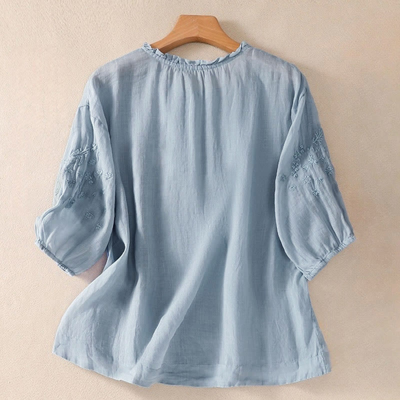 Buddha Stones Casual Plain Button Floral Embroidered Design Puff Half Sleeve Women's Shirt - image 1