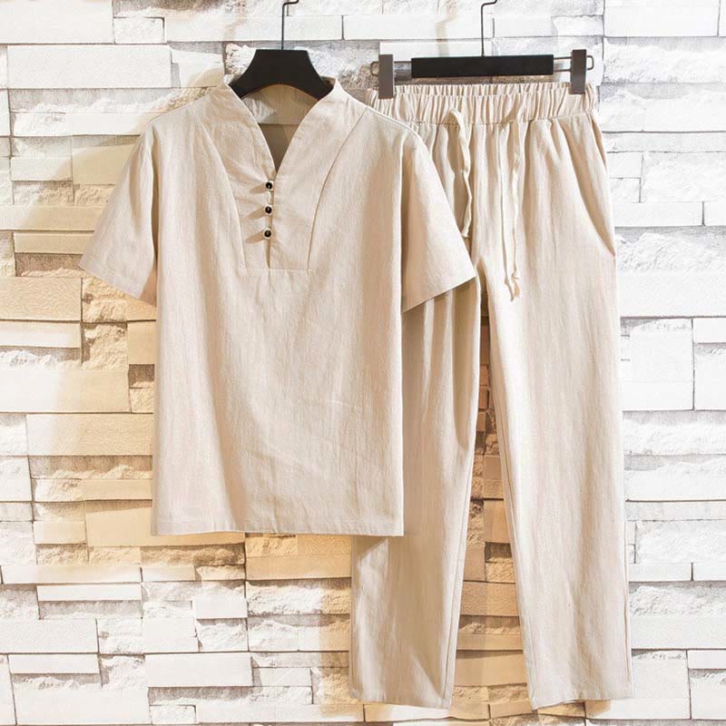Buddha Stones 2Pcs Solid Color Cotton Button Short Sleeve T-shirt Pants Men's Set - AntiqueWhite - US/UK/AU46，EU56 (5XL) - image 11