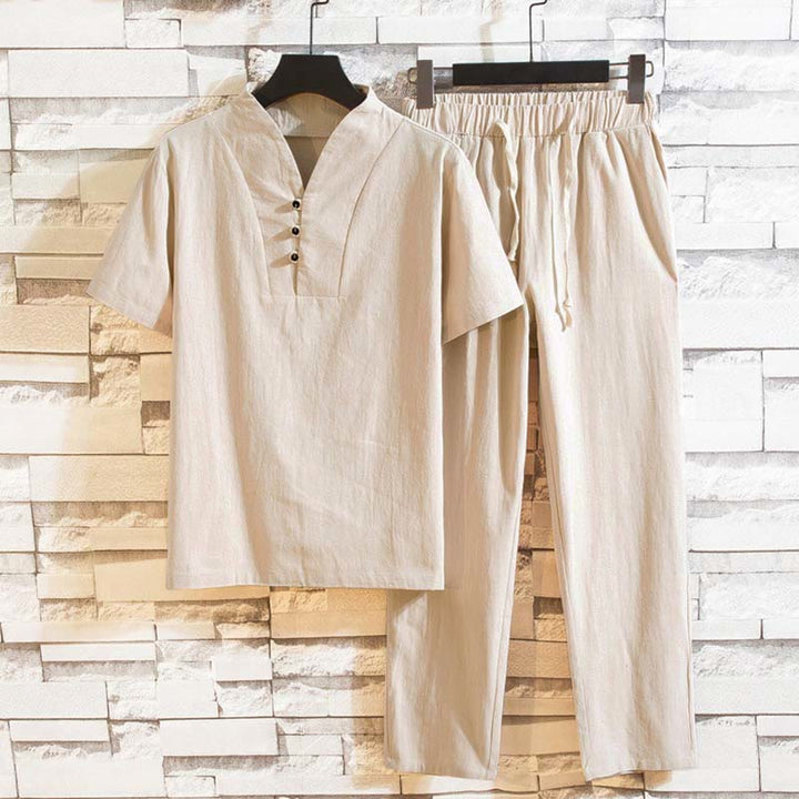 Buddha Stones 2Pcs Solid Color Cotton Button Short Sleeve T-shirt Pants Men's Set - AntiqueWhite - US/UK/AU46，EU56 (5XL) - image 11
