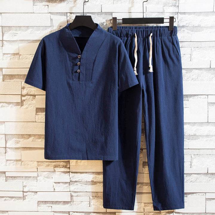 Buddha Stones 2Pcs Solid Color Cotton Button Short Sleeve T-shirt Pants Men's Set - SteelBlue - US/UK/AU44，EU54 (5XL) - image 12