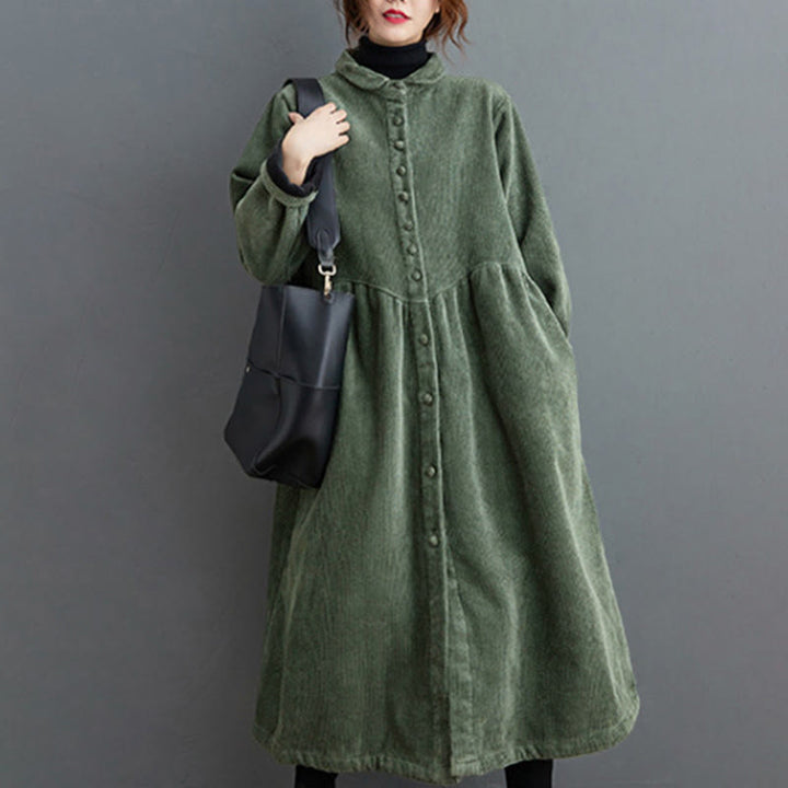 Buddha Stones Plain Buttons Long Sleeve Women's Cotton Corduroy Fleece-Lined Coat With Pockets - SeaGreen - US8-10，UK/AU12-14，EU40-42 (2XL) - image 9
