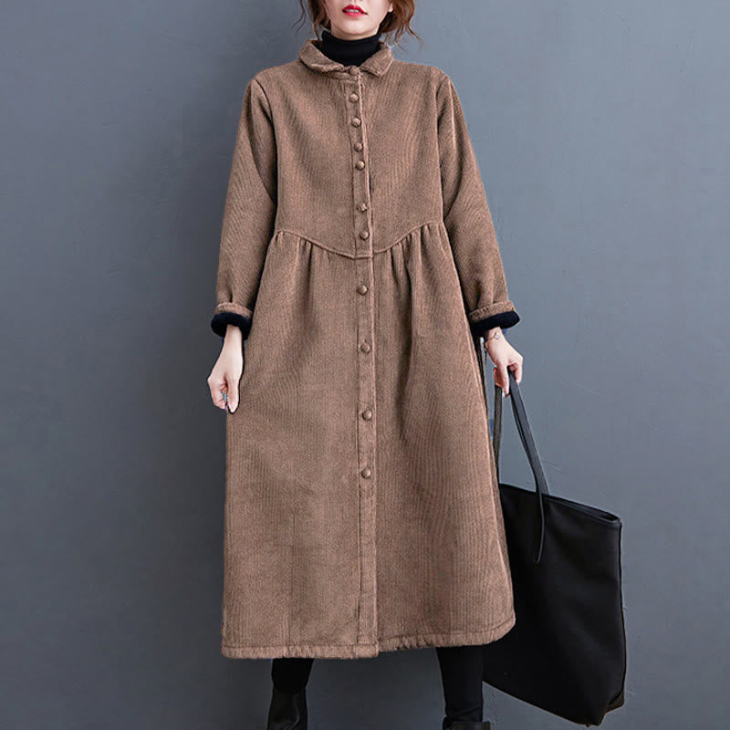 Buddha Stones Plain Buttons Long Sleeve Women's Cotton Corduroy Fleece-Lined Coat With Pockets - image 27