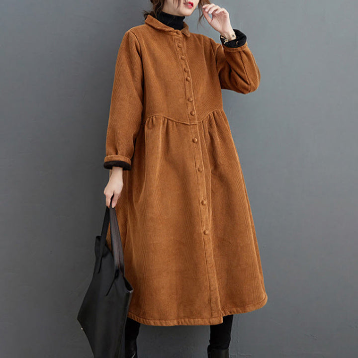 Buddha Stones Plain Buttons Long Sleeve Women's Cotton Corduroy Fleece-Lined Coat With Pockets - image 19