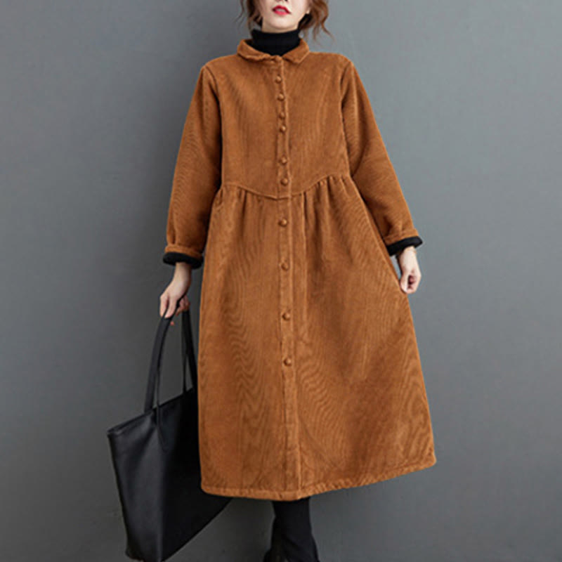 Buddha Stones Plain Buttons Long Sleeve Women's Cotton Corduroy Fleece-Lined Coat With Pockets - image 17